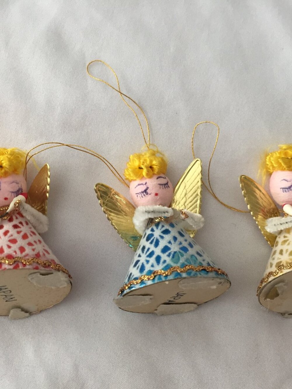 Vintage Japan Cardboard Spun Cotton Putz Angels Lit Candle Ornaments Lot of 3  L